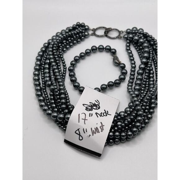 Talbots Gunmetal Silver Gray Faux Pearl Multi Strand Chunky Necklace & Bracelet - Picture 8 of 8